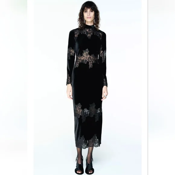 knee length dresses for ladies ZARA. Black velvet and lace textured dress. XS  Hibuy market